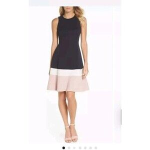 ELIZA J. ColorBlock Navy Pink White Quilted Fit & Flare Dress size 4 NEW Womens